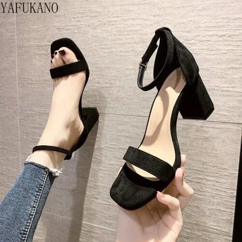 Simple Fashion Suede High Heels Women Sandals Korean Ladies Casual Shoes Summer Open Toe Black Word Buckle Square Heel Sandals