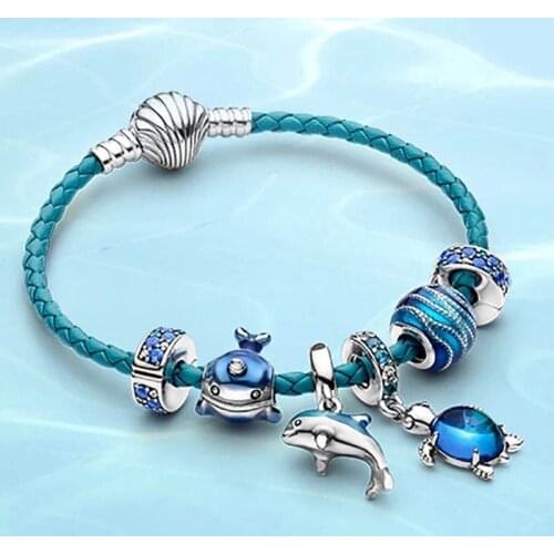 925 Sterling Silver Ocean Series Blue Secret Crystal Turtle Fish Woven Bracelet For Christmas Wedding Party Fashion Jewelry