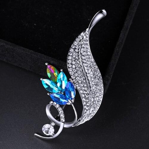 Shining Blue Crystal Flower Brooch For Women Silver-color Rhinestone Brooches Plant Jewelry Gifts Broche De Flores