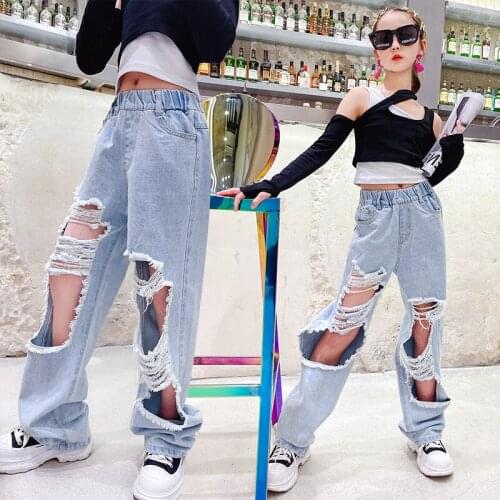 Teen High Waist Wide Leg Pants Summer Big Childrens Wear Spring Girls Jeans Ripped Light Broken Holes Denim Trousers Jean