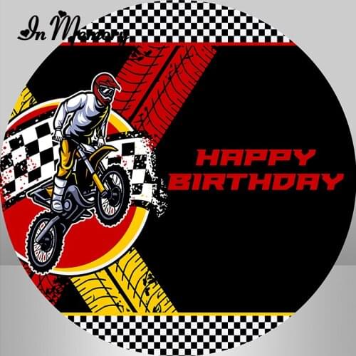 InMemory Motorcycle Round Circle Backdrops For Cool Boys Birthday Party Black and White Plaid Photography Backgrounds