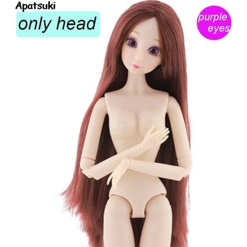 Doll Head with Purple Eyes For 1/6 BJD Long Brown Straight WIG Hair Dolls Heads for 11.5" DollHouse Kid & Baby DIY Accessory Toy