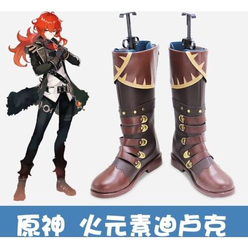 Game Genshin Impact Anime Leather Shoes Customizable Project Accessories Diluc Ragnvindr Cosplay red wig Props Black Adult Boots
