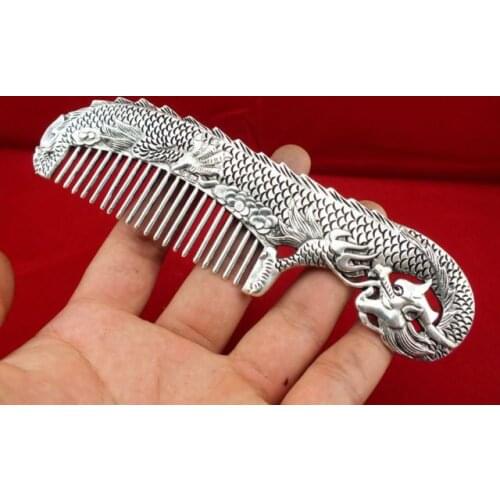 Chinese old Tibet silver carved Boutique dragon comb Worthy of collection