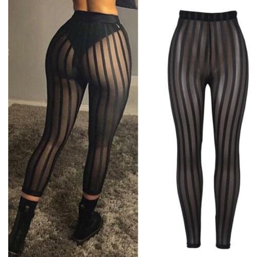 Sexy Mesh Striped Leggings Women Striped Mesh Knee Length High Waist Bodycon Black Trousers Perspective Slim Trousers Club Wear