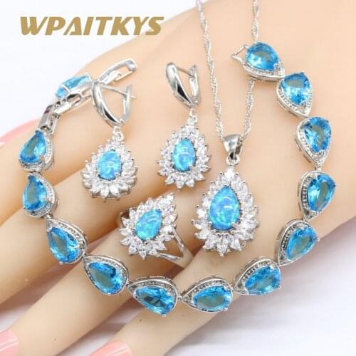 Pear Drop Blue Opal Silver Color Wedding Jewelry Sets For Women Necklace Pendant Earrings Rings Sky Blue Crystal Bracelets