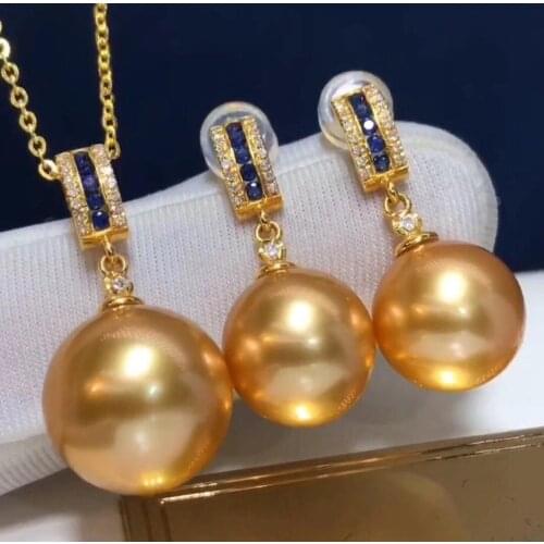 D123 Fine Jewelry 18K Gold Natural Ocean Sea Golden Pearls 10-12mm Females Jewelry Sets for Women FIne Jewelry Sets