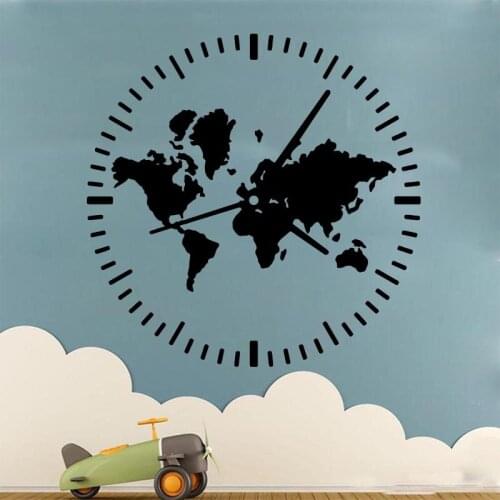 Large Clock World Map Travel Wall Sticker Classroom Bedroom Adventure Travel Abstract World Map Wall Decal Kids Room Vinyl Deco