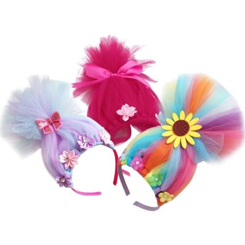 Fluffy Trolls Hair Headband for Baby Girls Halloween Birthday Hairband for Kids Bow Tulle Headwear Children Magic Elve Hair Hoop