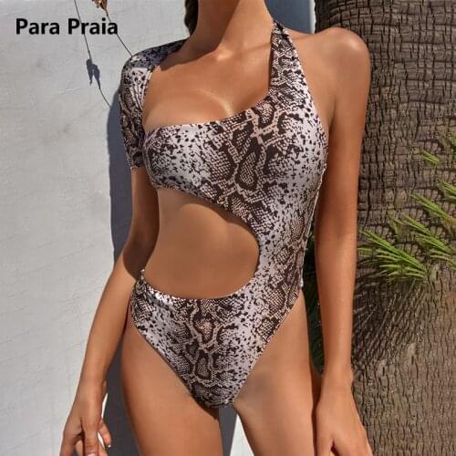 Para Praia 2021 Snake One Piece Swimsuit One Shoulder Short Sleeve Monokini Cut Out Swimwear Bathing Suit For Women Beachwear