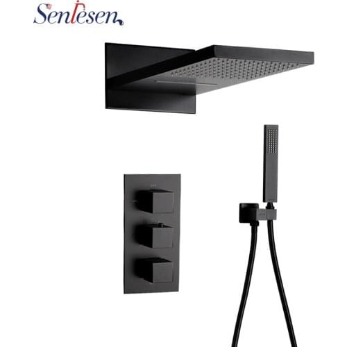 Senlesen Black Thermostatic Shower Faucets Set Rain Waterfall Shower Head Mixer Tap Bath 3-way Thermostatic Shower Faucet