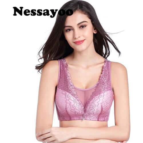 Nessayoo Sexy Lace-trim Busty Full Coverage Wireless Gather Bras XXX Women Sexy Lingerie Push Up full Coverage wide strap 44 46D