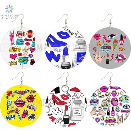 SOMESOOR Fashion XOXO 1920 POP Wooden Drop Earrings Hugs Kisses Bubble Stickers Design Printed Dangle Jewelry For Women Gifts