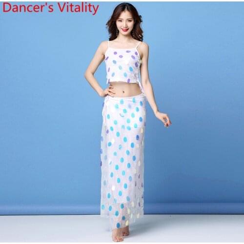 Belly Dance Practice Clothes Sparkling Sequin Top Bandage Hip Scarf Set Women Beginners Oriental Indian Dancers Training Costume