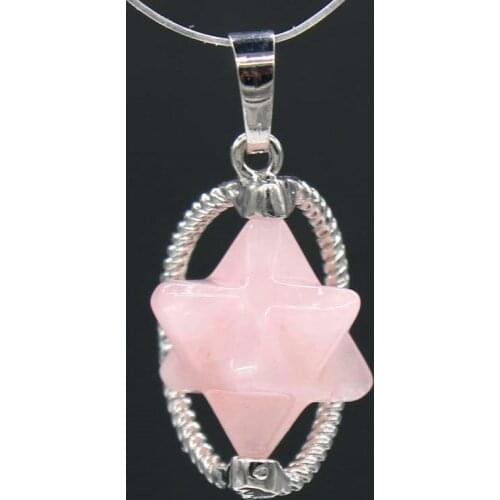 Trendy-beads Silver Plated Wire MerKaBa Natural Rose Pink Quartz Pendant Star Point Jewelry