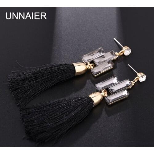 UNNAIER fashion personality popular black blue tassel tassel earring Female glass Rhinestone Ear jewelry