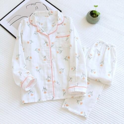Spring Korean Version Flowers Cotton Gauze Pajamas Womens Suit, Small Fresh Cardigan Lapel Long Sleeve Large Size Home Service