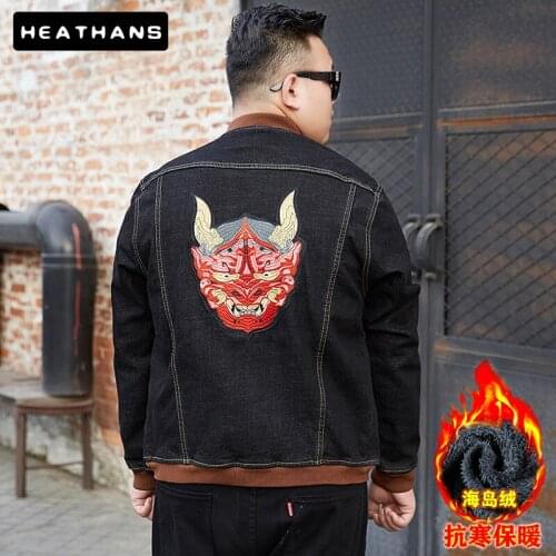 Embroidery Oversize Denim Jacket Mens Autumn Winter Plus Fat Print Long Sleeves Denim Jacket Men Plus Fleece Thicken Warm Jacket