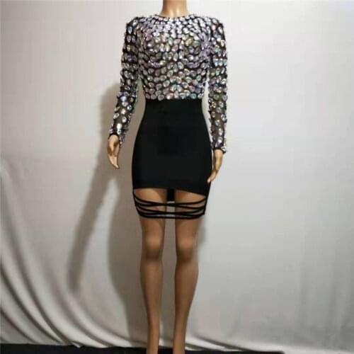 Y80 Sexy Women Black Mesh Rhinestones Short Dress Party Big Stretch Crystal Stones Skirt One Piece Stage Costume Singer Wears DJ