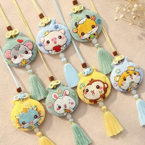 Protective Talisman DIY Embroidery Keychain Chinese Zodiac Pendant Man Key Chain Women Key Holder Cute Couples Animal Porte Clef