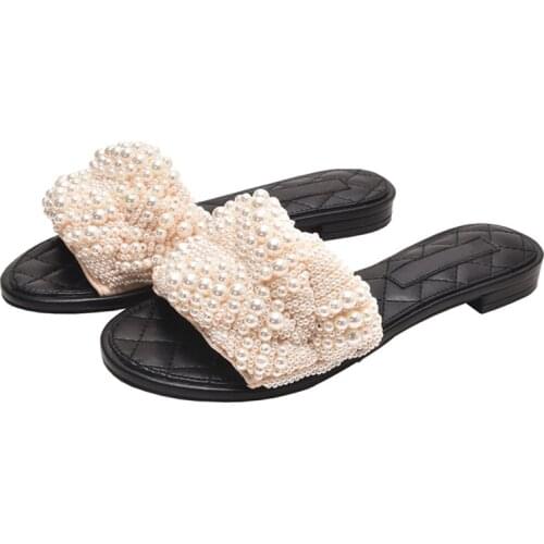 2021 Pearl Bead Slipper Woman PU Round Toe Low High Heels Flat Sandals Women Spring Fashion Casual Shoes Women Sandalia Feminina