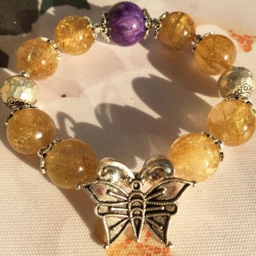 Angela original jewelry] natural golden hair crystal with Purple Dragon Crystal 925 Silver Butterfly Bracelet
