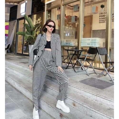 Spring Fashion 2021 New Women Backless Plaid Blazer Jacket With High Waist Long Trouse Female Pants Suits Sets 2 Color Gdnz 5.01