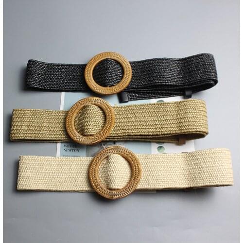 Vintage Boho Braided Waist Belt Solid Female Belt Round Wooden Smooth Buckle Fake Straw Wide Belts For Women Summer Holiday