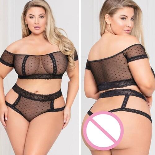Women Plus Size Sexy Dot Mesh Lace Wireless Bra Brief Lingerie See-through Lace Erotic Hollow Out Underwear Temptation XL-4XL