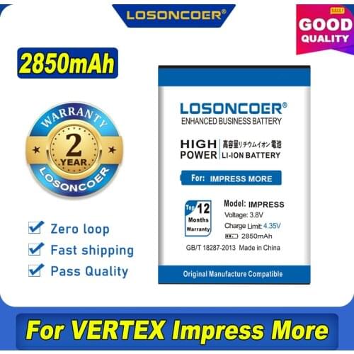 100% Original LOSONCOER 2850mAh For VERTEX Impress More Mobile Phone Battery