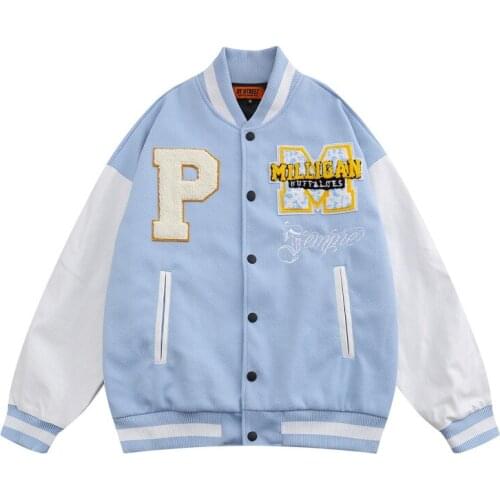 2021 Harakuju Letter Embroidery Baseball Jacket Unisex Hip Hop Furry Pu Leather Outwear Tops Streetwear Pathchwork