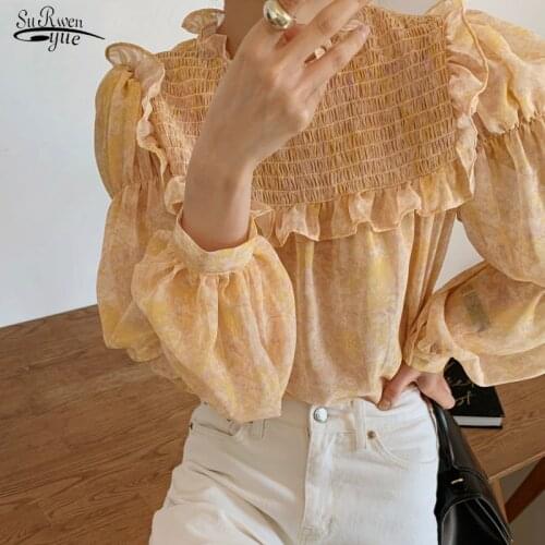 Long Sleeve Pleated Vintage Chiffon Shirts For Women Chic Korean Print Woman Shirts Tops Casual Stand Slim Ruffles Blouses 16465