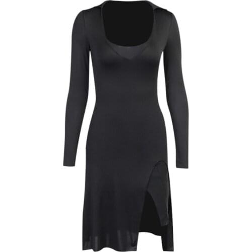 Women Long Sleeve Sexy Deep U-Neck Bodycon Midi Dress Irregular Split Hem Flare Package Hip High Waist Party Clubwear