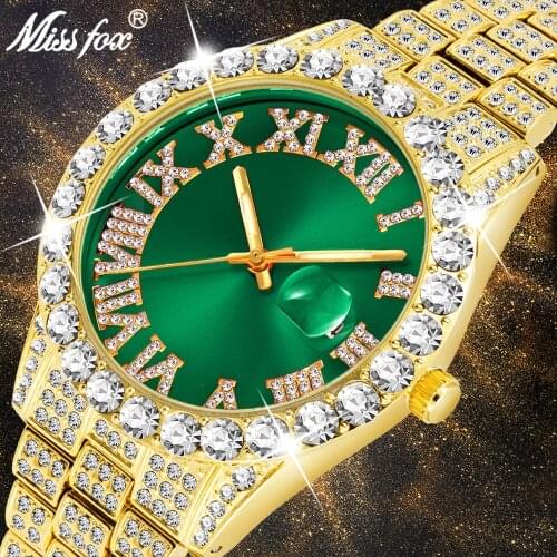 Dropshipping MISSFOX Mens Watches Gold Big diamond Famous Brands Green Dial Calendar Watch For Men Luxury Casual Charming Clock