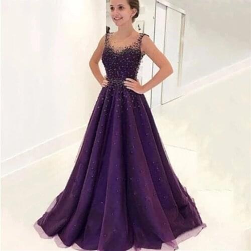 Purple Evening Dresses 2019 New A-line Tulle Beaded Elegant Islamic Dubai Saudi Arabic Long Prom Gowns