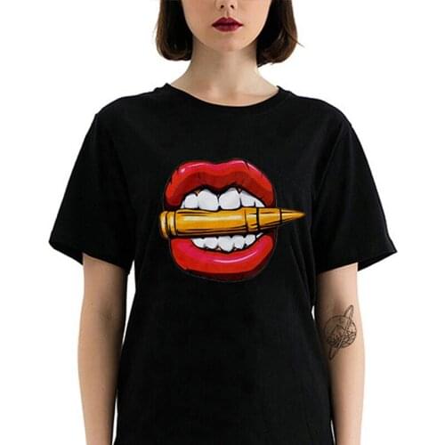 Red Mouth Lip Kiss Print Women Tshirt Black Summer Cotton Loose O-neck Female Harajuku Tops Streetwear Hipster Hip-hop Girl Tee