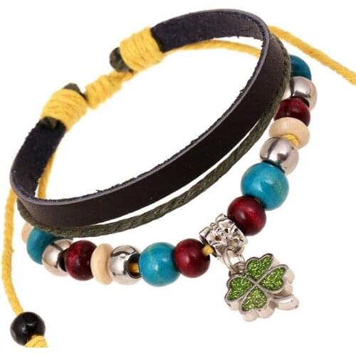 Fashion Crystal Lucky Clover String Beads Leather Alloy Charms Cuff Bracelet Bangle Wrap Adjustable Jewelry for Women Girl Gift