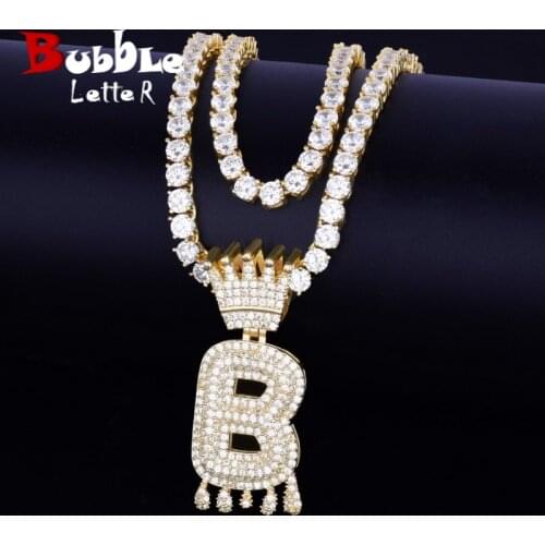 Crown Bail Drip Initials Bubble Letters Pendant With Tennis Chain Necklaces AAA Cubic Zircon Mens Hip Hop Jewelry