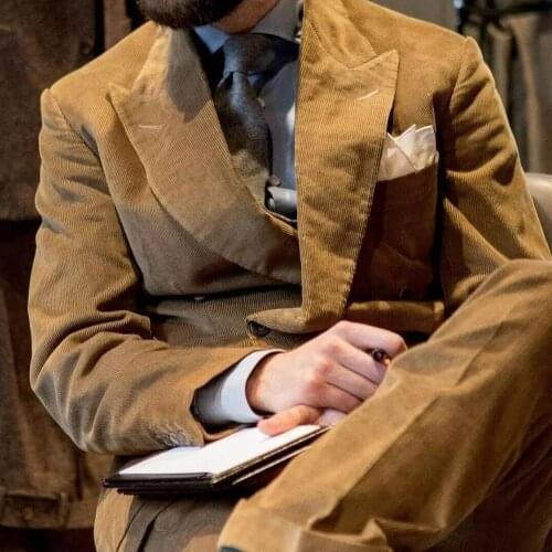 Latest Casual Brown Corduroy Men Suits Groom Prom Blazer Costume Homme Marriage Tuxedo Wedding Office Blazer Jacket+Pants