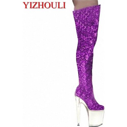 20 cm thick base hate sky-high shoes, stage performance high heel knee boots gold sequined dance shoes, noble temperament boots