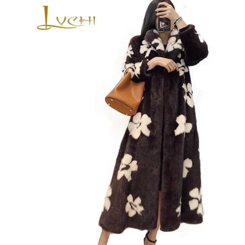 LVCHI Winter 2019 Import Real Mink Coat Womens Long Sleeve Coat Turn-Down Collar Print White Flower Causal X-Long Mink Coats