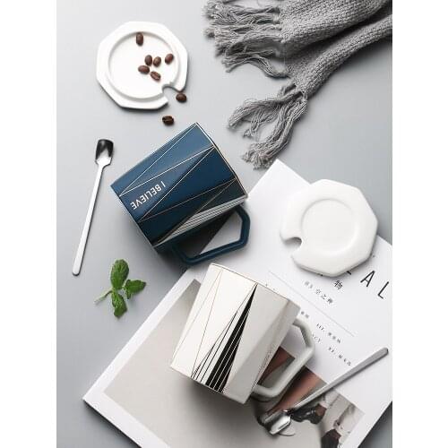 Nordic Style Simple Ceramic Mug with Lid Spoon Office Modern Creative Couple Water Cup Coffee Cup Water Cup