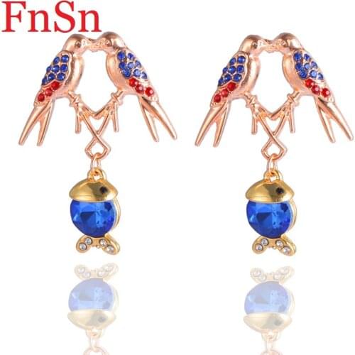 Fnsn 2017 New Fashion Bird-Fish Drop Earrings For Women Gold Crystal Animal Drop Earring Zinc Alloy Drop Earrings Hot Wholesale