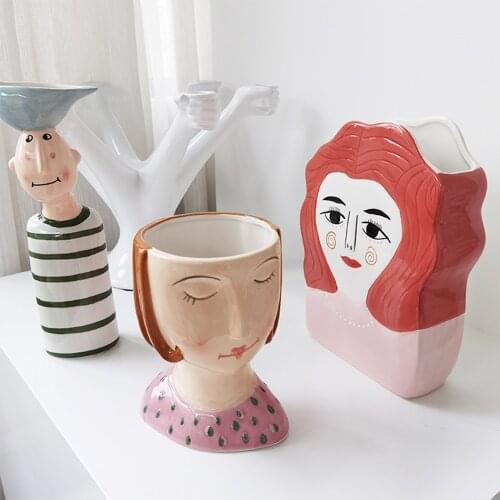 Statue Bonsai Handmade flowerpot Bum Ceramic Vase Plaster Head Portrait Sculpture Ornament Home Living Room Decor Dried Flowers