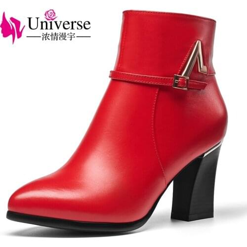 Universe winter autumn boots women comfortable high heel shoes fashion pointed toe boots zipper genuine leather ladies boot E195