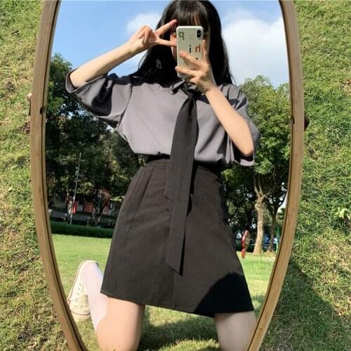 Japanese College jk Uniform Two-Piece Female Wild Necktie Short-Sleeved Shirt + High Waist Pure Color A- line Skirts in Summer