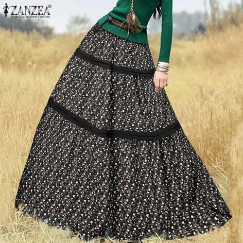 Women Printed Faldas Saia ZANZEA 2021 Summer Lace Skirts Holiday Vestidos Female Stiching Elastic Waist Floral Robe