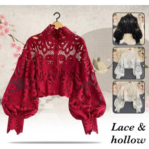 Women Sweet Lace Hollow Blouses Spring Autumn Office Lady Elegant Puff Sleeve Stand Collar Tops Chic Floral Lace Shirts