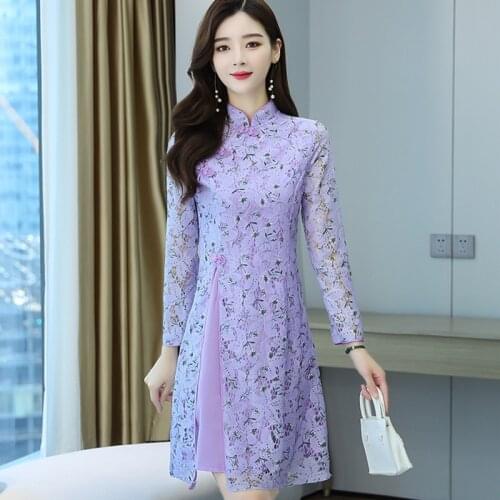 Chinese Style vintage cheongsam dress women elegant flowers hollow lace dress ladies spring autumn long sleeves split midi dress