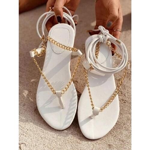 2021 Womens Shoes Flat Summer Solid Color Chain Sandals Open Toe Strappy Womens Shoes Outdoor Plus Size 43